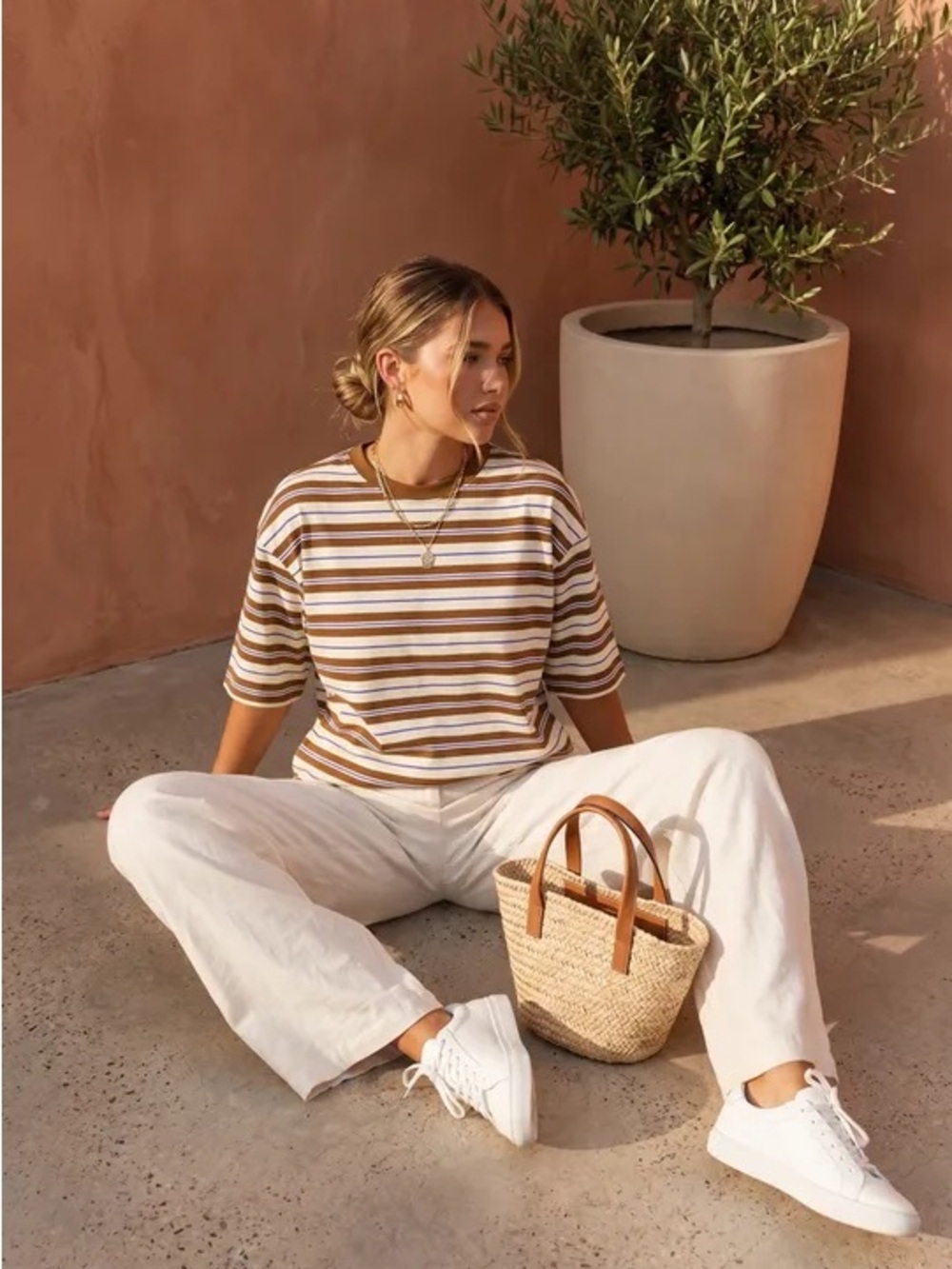 Sloane Striped Crewneck Tee - Brown & Cream - Picture 3 of 4